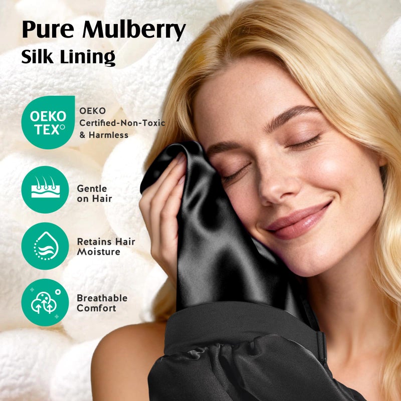 YFONG Real Mulberry Silk Bonnet, Double Layer Silk Lined Bonnet for Sleeping Women Men, Double Layer Adjustable & Non-Slip Sleep Cap, Black - Image 2