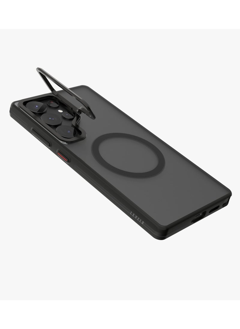 LEVELO - S25 Ultra Magsafe Case Elio with Built-In Stand / Ultra-Thin Design / Metal Camera Ring / Strong Magnets / Anti Yellowing - Black - Image 1