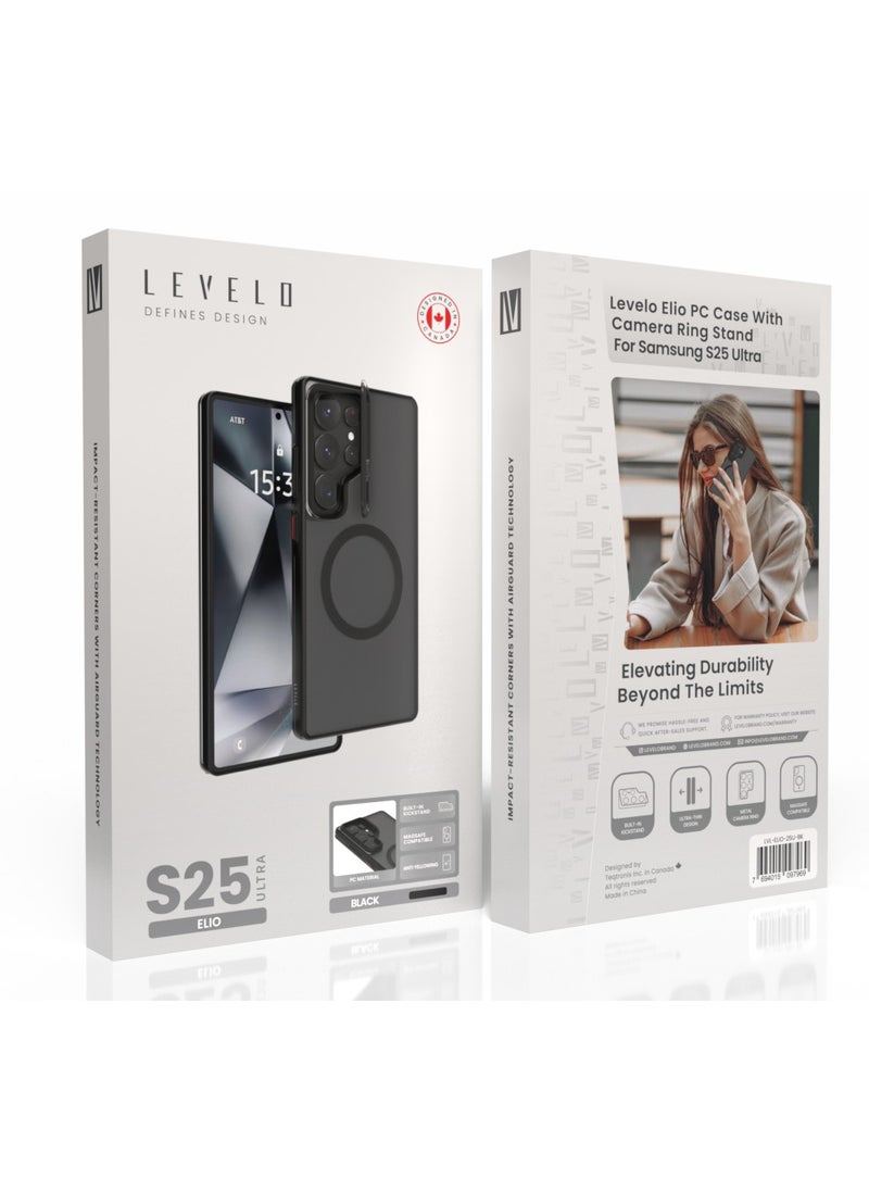LEVELO - S25 Ultra Magsafe Case Elio with Built-In Stand / Ultra-Thin Design / Metal Camera Ring / Strong Magnets / Anti Yellowing - Black - Image 1