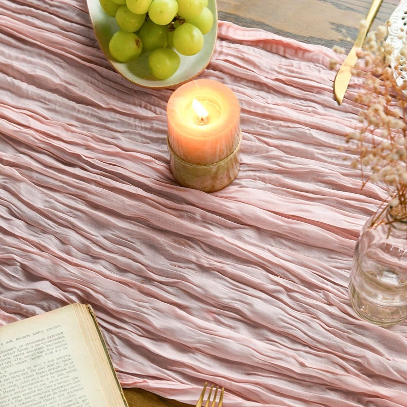 Artoid Mode Boho Blush Pink Gauze Wedding Cheesecloth Table Runner set of 2, 35x120 Inch Seasonal Fabric Kitchen Dining Holiday Table Decor for Home Party - Image 3