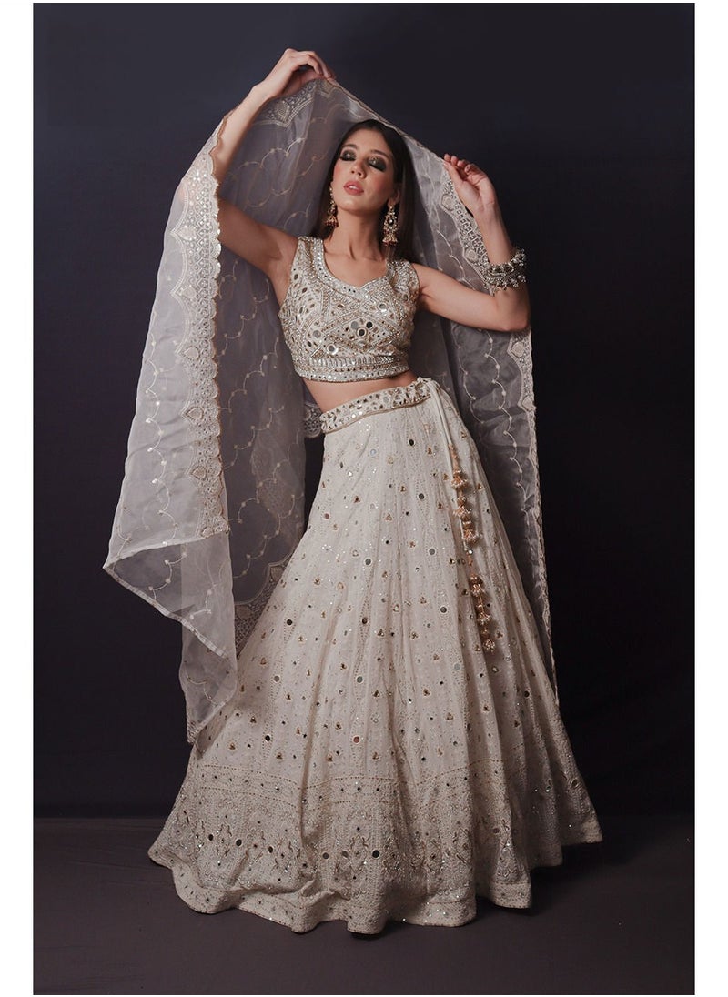 Fashion & Lifestyle - White Beautifull Mirror worked Lehenga & deisgned Dupatta - Image 1