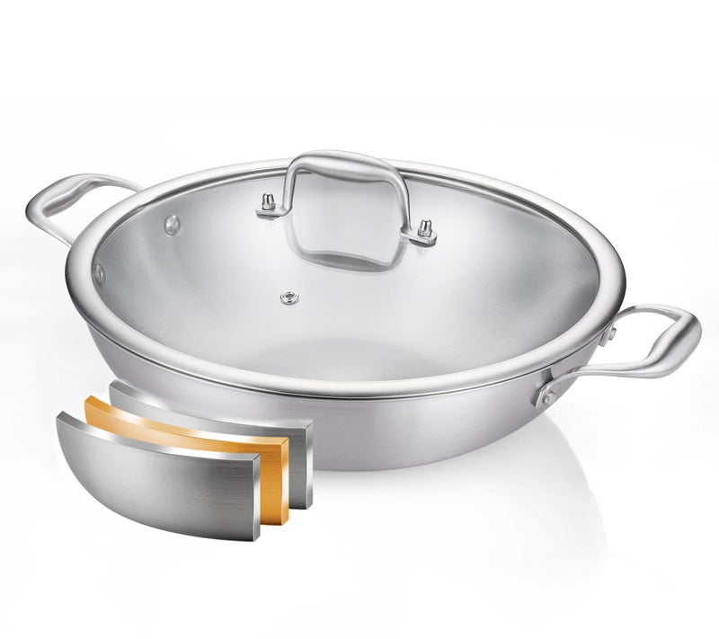 DELARLO TriPly Stainless Steel Wok Pan With Lid Fast  Even Heat 12Inch Large Stir Frying pan Induction Saute Pan Dishwasher Safe Cooking Pan Induction Broiler Safe 600