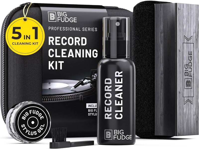 BIG FUDGE Professional Series Vinyl Record Cleaning Kit - 5-in-1- Includes Velvet Vinyl Cleaner Brush, Cleaning Fluid, Stylus Gel, Brush for Velvet, Padded Storage Case - Image 1