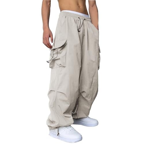 WZIKAI Men's Baggy Cargo Pants Casual Parachute Cargo Pants Loose Fit Hip Hop Harem Pants with Pockets Beige M - Image 3