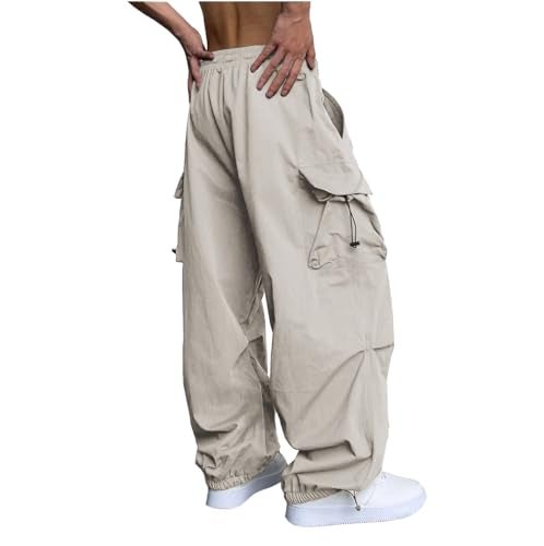 WZIKAI Men's Baggy Cargo Pants Casual Parachute Cargo Pants Loose Fit Hip Hop Harem Pants with Pockets Beige M - Image 4