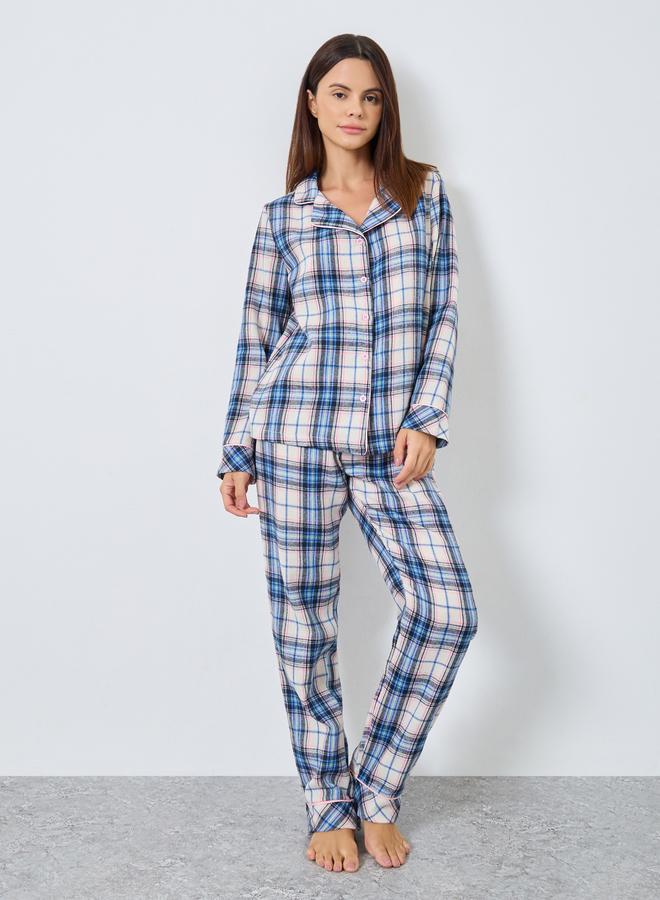 ستايلي طقم بيجاما من قميص بنقشة مربعات وشريط أزرار - Image 1