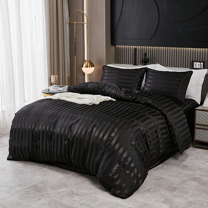 3pcs Simple Classic Satin Striped Duvet Cover Set, 1 Duvet Cover + 2 Pillowcases, No Insert, Soft and Comfortable, Machine Washable, Suitable for Bedrooms, Dorms, and Hotels, Bedding Decoration, Holiday Gift - Image 1