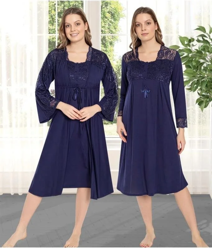 Birol Gaye 5008 Navy Blue Maternity Postpartum Nightgown Dressing Gown Tk