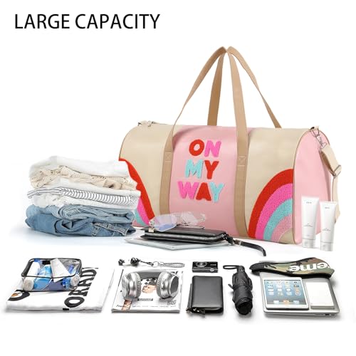 DYSHAYEN Chenille Letter Travel Duffle Bag Large PU Leather Weekender Overnight Bag for Women Carry on Bags Travel Tote（On My Way） - Image 3