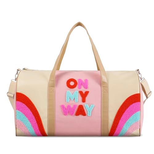 DYSHAYEN Chenille Letter Travel Duffle Bag Large PU Leather Weekender Overnight Bag for Women Carry on Bags Travel Tote（On My Way） - Image 1