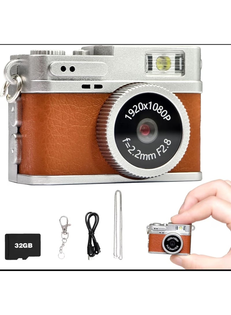 PlayX Mini Digital Camera, 2MP 1920x1080P HD Video, 0.96" LCD Screen, 32GB Memory Card, Brown Leather Design - Image 1