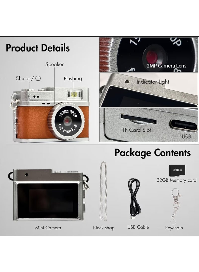 PlayX Mini Digital Camera, 2MP 1920x1080P HD Video, 0.96" LCD Screen, 32GB Memory Card, Brown Leather Design - Image 2