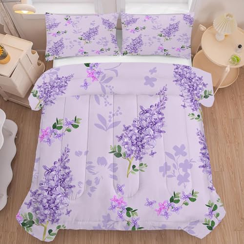 FUYEUN Purple Floral Comforter Set Twin: Lilac Flower Bedding Sets for Girls Women Teens Farmhouse Bedroom Bed Bedspread Quilt,1 Comforter,1 Pillow Case - Image 3
