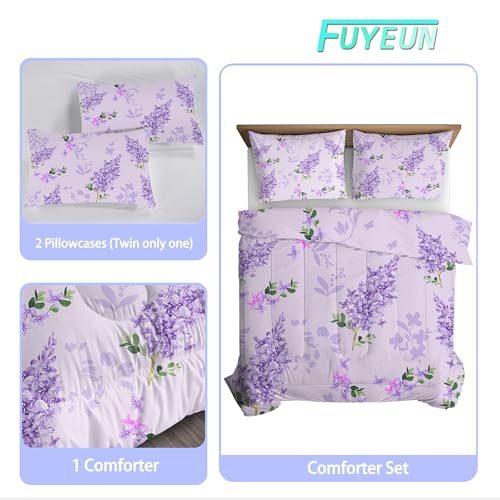 FUYEUN Purple Floral Comforter Set Twin: Lilac Flower Bedding Sets for Girls Women Teens Farmhouse Bedroom Bed Bedspread Quilt,1 Comforter,1 Pillow Case - Image 2