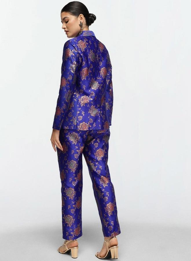 ISHIN Women's Blue Silk Blend Printed Button Down Top With Cropped Palazzo Straight Co-Ords - Image 5