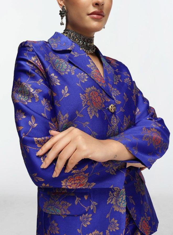 ISHIN Women's Blue Silk Blend Printed Button Down Top With Cropped Palazzo Straight Co-Ords - Image 2