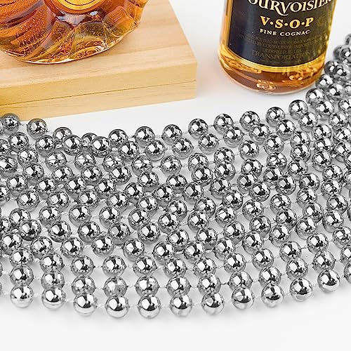 ZZYFGH 12 PCS Metallic Silver Bead Necklace Bulk,33'' Mardi Gras Round Beaded Necklaces for Mardi Gras Party Christmas New Year Eve Festive Events - Image 4