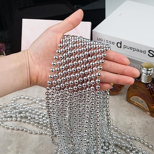 ZZYFGH 12 PCS Metallic Silver Bead Necklace Bulk,33'' Mardi Gras Round Beaded Necklaces for Mardi Gras Party Christmas New Year Eve Festive Events - Image 5