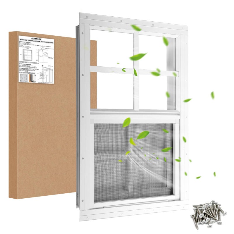 JONRIOX 12" W x 18" H Shed Window,Sliding Window, Aluminum White Flush Mount with Tempered Glass and Stainless Steel Screen, Playhouse Window, Chicken Coop Window, Household Window.(White 1 Pack) - Image 1
