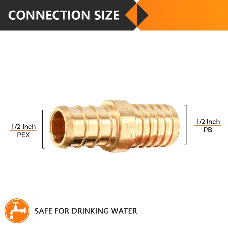 HeSun 10-Pack HeSun Polybutylene Transition Coupling, 1/2" PEX X 1/2" PB, Brass Crimp Pex Fittings with 20 Rings, ASTM F1807(PEX1807504-10) - Image 2