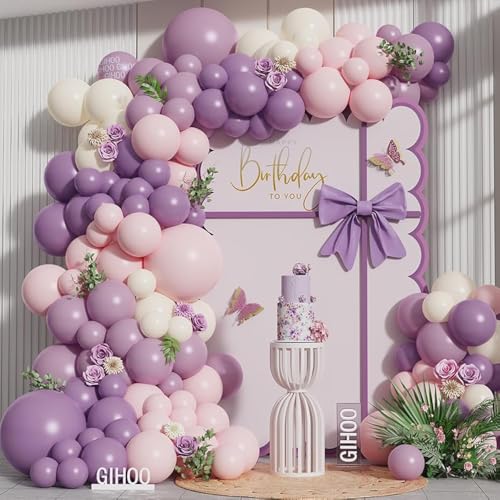 GIHOO Pink and Purple Balloon Arch Kit 143pcs Dusty Purple Lavender Pastel Macaron Pink Balloons for Girls Birthday Baby Shower Wedding Shower Decorations - Image 1