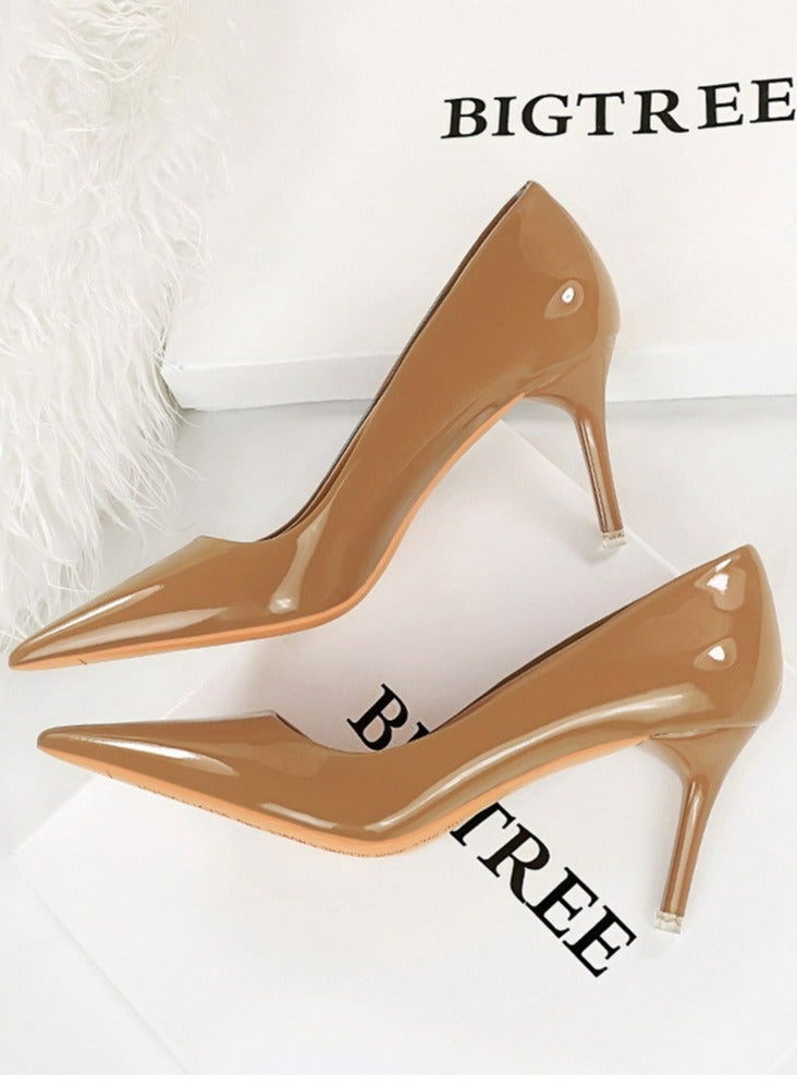 BIGTREE Women's Fashionable Shiny Stiletto Pumps 7.5cm Elegant Gorgeous Closed Pointed Toe Slip On Solid High Heels Camel