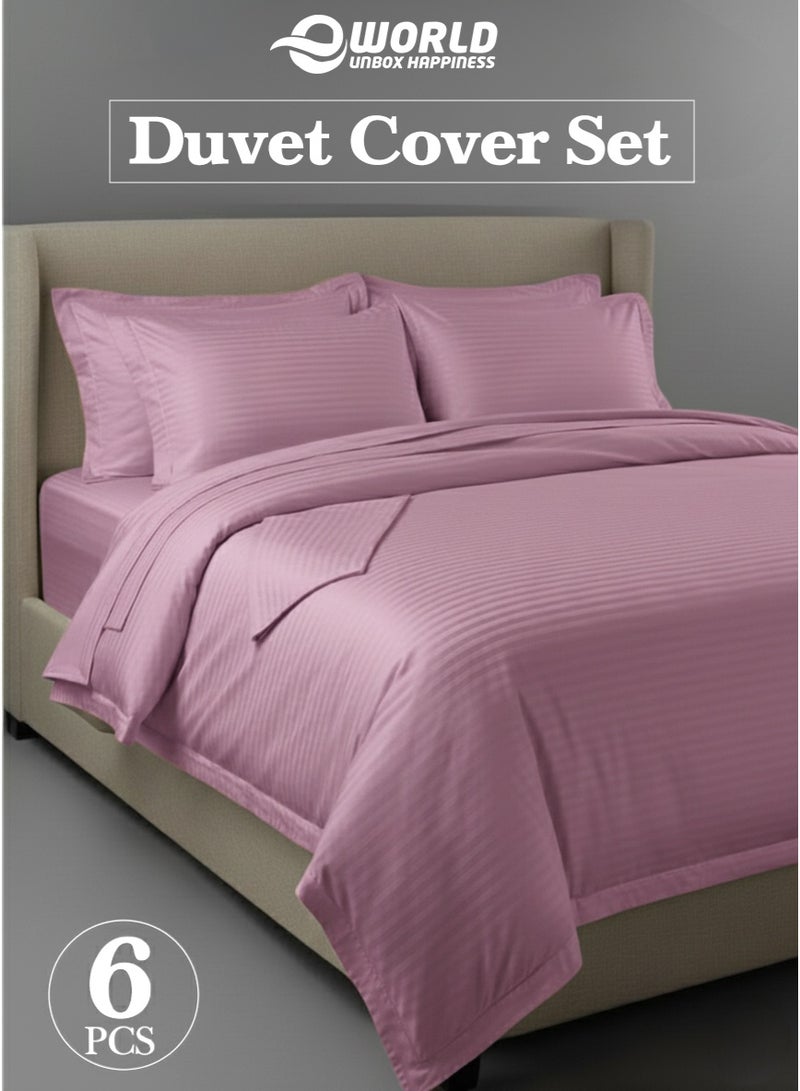 Eworld Premium Striped Duvet Set All Season – 6-Pieces set Pink | King Size 220x240 cm | Ultra-Soft, Wrinkle-Resistant & Made in Dubai | Includes Duvet Cover, Fitted Sheet ( 200x200 cm ) & 4 Pillowcases ( 50x70 cm ) - Image 1