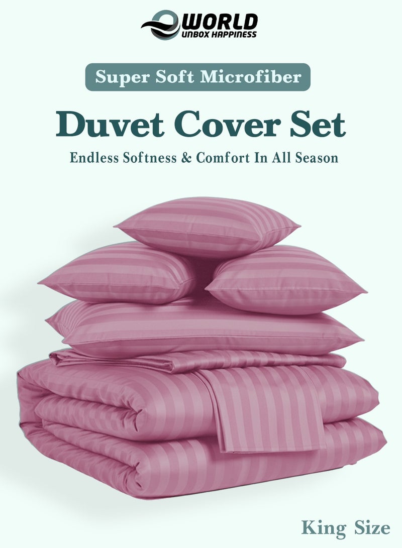 Eworld Premium Striped Duvet Set All Season – 6-Pieces set Pink | King Size 220x240 cm | Ultra-Soft, Wrinkle-Resistant & Made in Dubai | Includes Duvet Cover, Fitted Sheet ( 200x200 cm ) & 4 Pillowcases ( 50x70 cm ) - Image 3