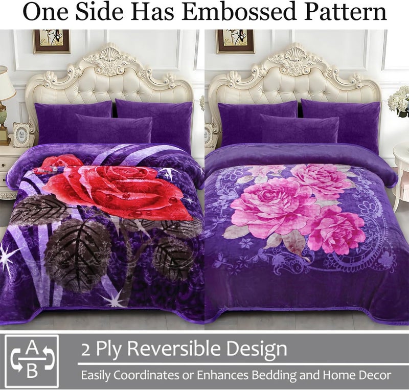JYK Soft Korean Mink Blanket, 5 LB Fleece Queen 75'' x 87'' - 2 Ply Reversible 520GSM Super Soft Plush, Thick, Warm Bed Blanket for Autumn Winter - Purple, Rose/Camellia - Image 3