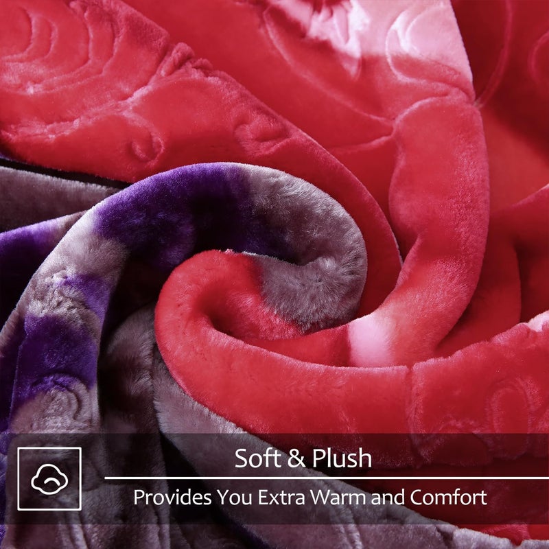 JYK Soft Korean Mink Blanket, 5 LB Fleece Queen 75'' x 87'' - 2 Ply Reversible 520GSM Super Soft Plush, Thick, Warm Bed Blanket for Autumn Winter - Purple, Rose/Camellia - Image 4