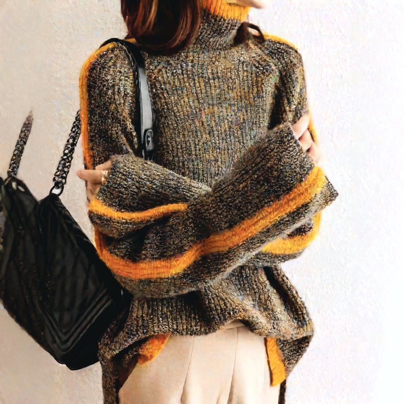 Retro Thick Knit Sweater with Contrast Trim for Women - Image 1