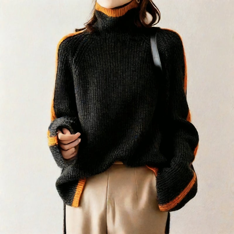 Retro Thick Knit Sweater with Contrast Trim for Women - Image 2