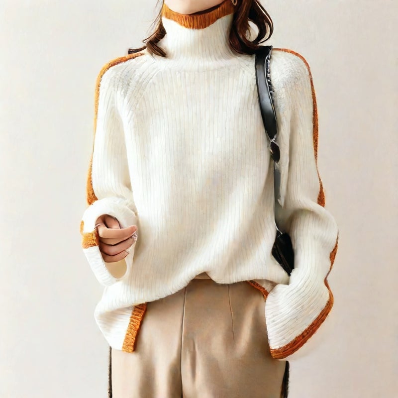 Retro Thick Knit Sweater with Contrast Trim for Women - Image 3