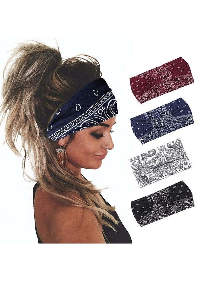 Yean Boho Wide Headbands Black Stretch Hair Bands Elastic Turbans Stylish Head Wraps For Women And Girls (Pack Of 4) (Boho) - Image 1