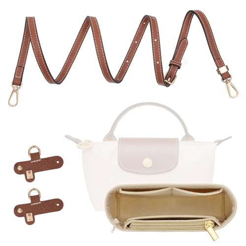 MoKo 2Sets Leather Mini Bag Shoulder Strap for Longchamp, Felt Purse Insert Organizer Mini Bag Replacement, Adjustable Punch-Free Buckle Strap, Brown - Image 1