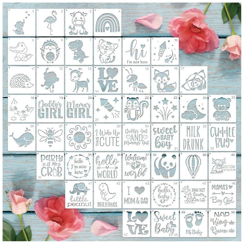 Hosomono Baby Shower Stencils for Painting Onesie Decorating Kit Fabric Stencil Reusable Templates for Painting on Onesies Shoes Bibs Clothes Cookie Bodysuit 50 pcs - Image 1