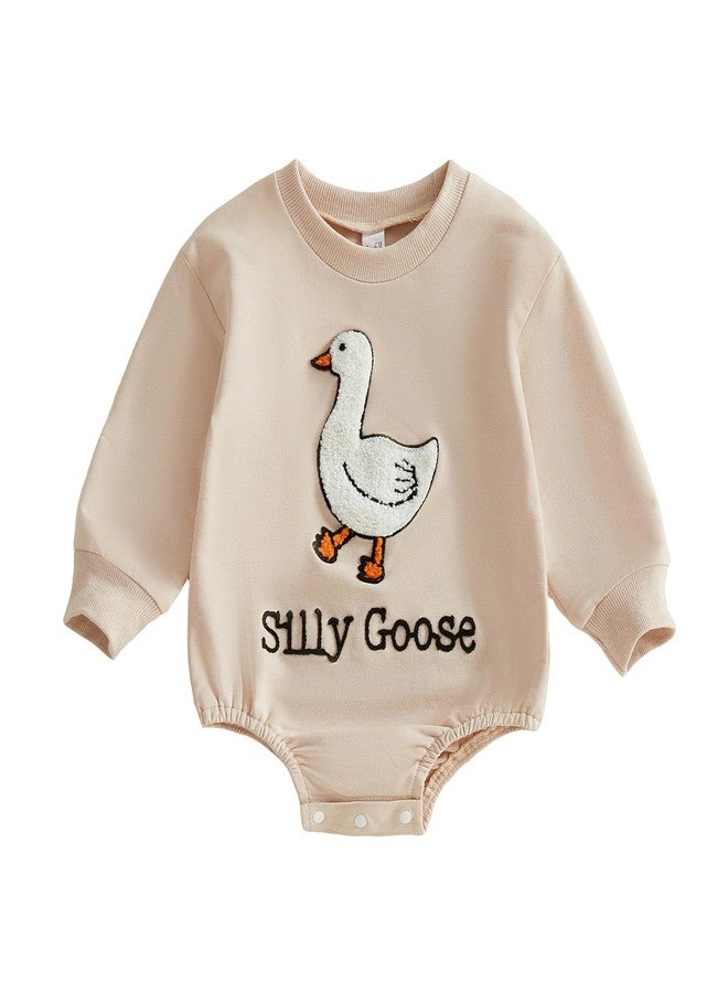 Lenjindjer Infant Baby Girl Boy Goose Clothes Embroidery Crewneck Long Sleeve Bubble Romper One Silly Goose Birthday Outfit (Beige, 12-18 Months) - Image 1