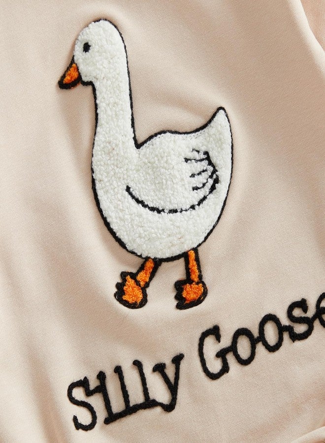 Lenjindjer Infant Baby Girl Boy Goose Clothes Embroidery Crewneck Long Sleeve Bubble Romper One Silly Goose Birthday Outfit (Beige, 12-18 Months) - Image 5