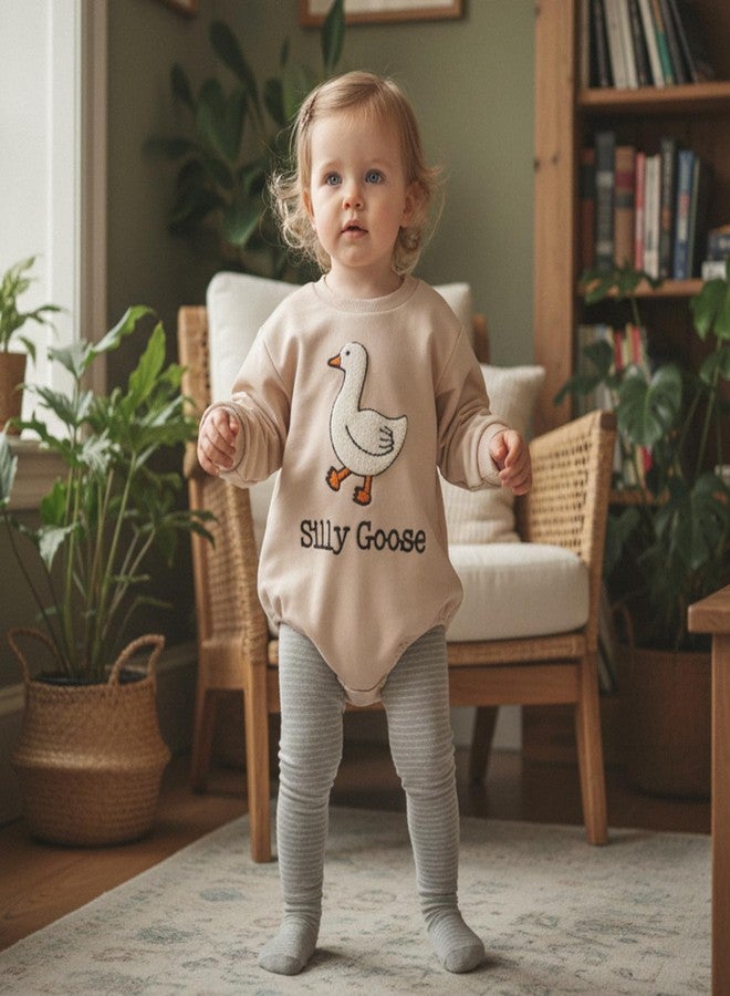 Lenjindjer Infant Baby Girl Boy Goose Clothes Embroidery Crewneck Long Sleeve Bubble Romper One Silly Goose Birthday Outfit (Beige, 12-18 Months) - Image 3