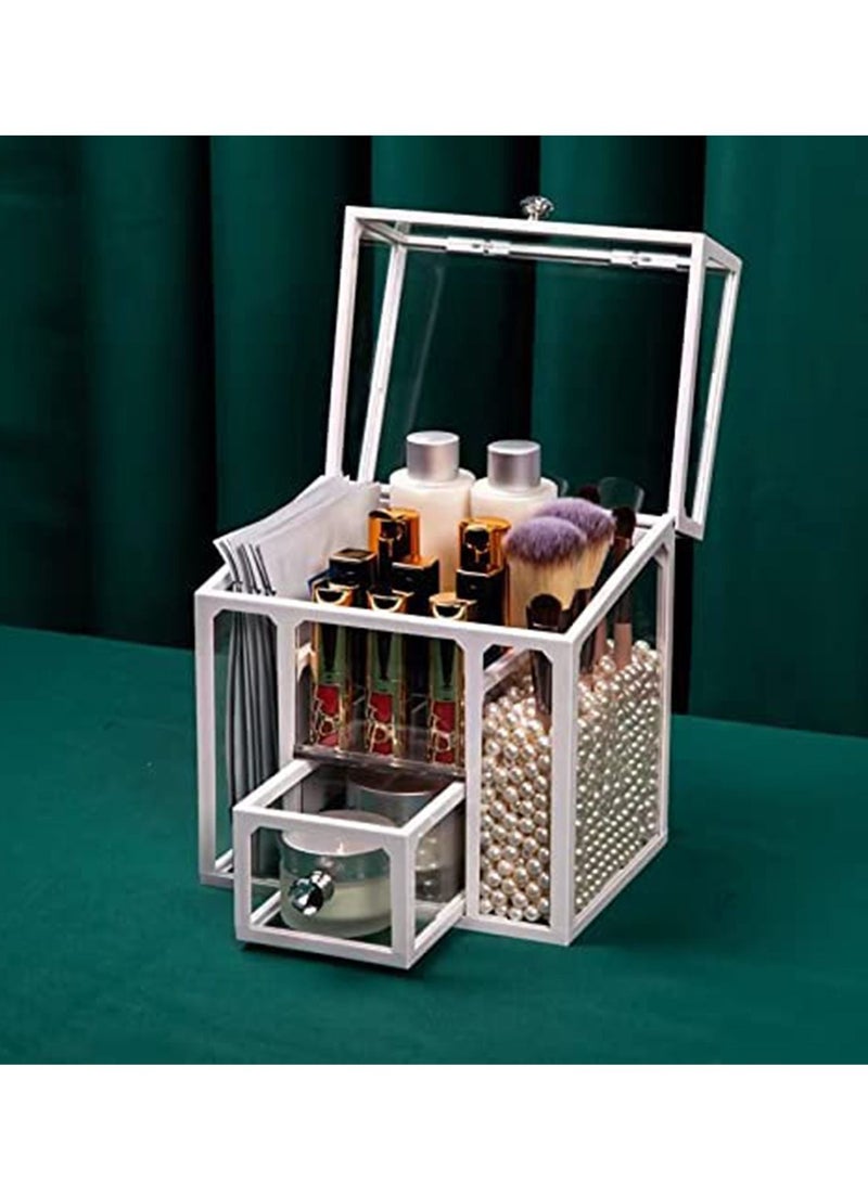 LIMOS Makeup Organizer Box Brush Holder Glass Storage Cosmetic for Jewelry Decoration(White) - Image 3