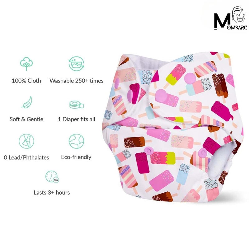 MOMSARC Cotton Cloth Langot, Leak-Proof Reusable Baby Cloth Diapers with 4-Layer Absorbent Pad + 3 Insert Pads, Adjustable & Washable Nappies for 0-3 Years, Soft Cotton Diapers,(Multicolur, Pack of 3) - Image 3