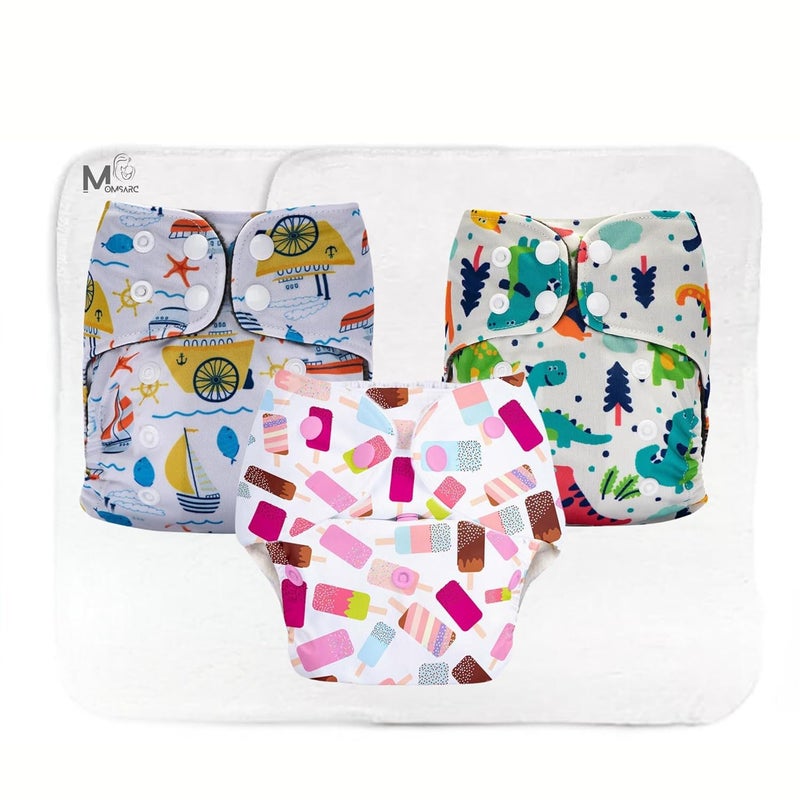 MOMSARC Cotton Cloth Langot, Leak-Proof Reusable Baby Cloth Diapers with 4-Layer Absorbent Pad + 3 Insert Pads, Adjustable & Washable Nappies for 0-3 Years, Soft Cotton Diapers,(Multicolur, Pack of 3) - Image 1