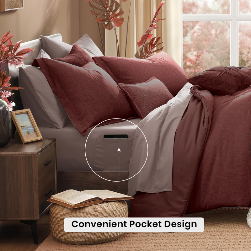 Monbix Queen Comforter Set - 7 Pieces Cationic Dyeing Dark Red Bed in a Bag Queen Bedding Sets with Comforter, Sheets, Pillowcases & Shams, Reversible Bedding Comforters Sets - Image 4