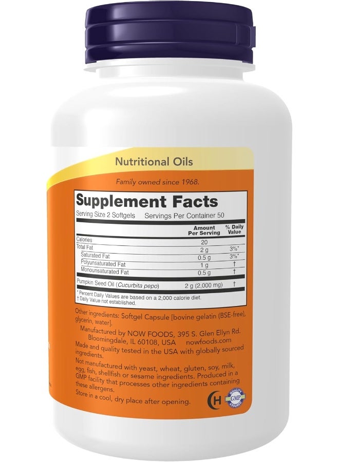 Now, Pumpkin Seed Oil Supplement Nutritional Oil, 1000 mg 100 Softgels - Image 2