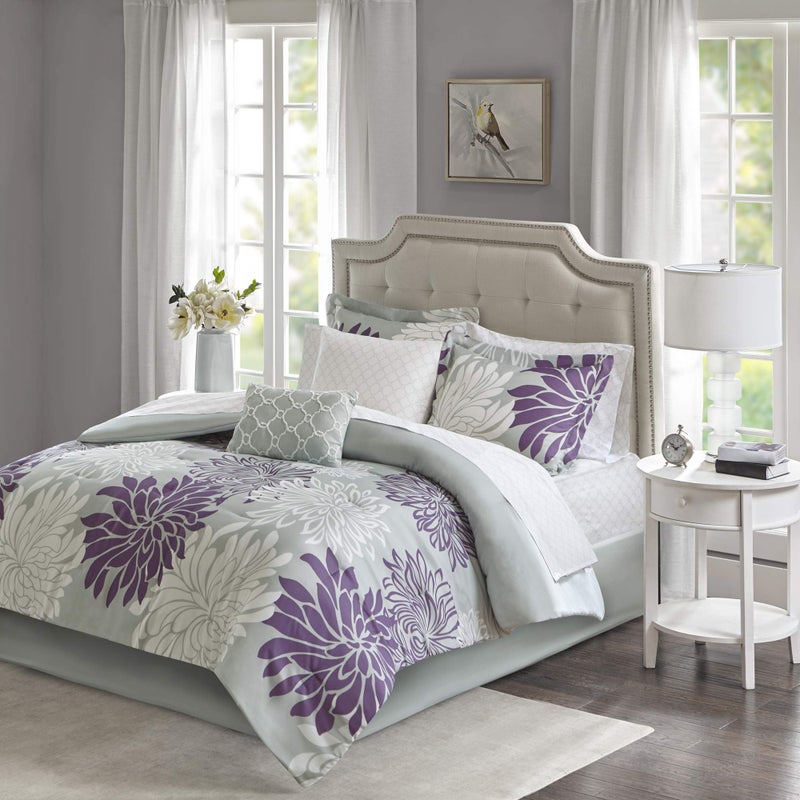 madison park Madison Park Essentials Maible Cozy Bed in A Bag Comforter with Complete Cotton Sheet SetFloral Medallion Damask Design All Season Cover Decorative Pillow Full 78 in x 86 in PurpleGray 