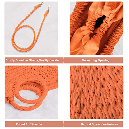 QTKJ Mini Semi-circle Rattan Straw Handbag, Women's Summer Retro Straw Tote Shoulder Crossbody Round Handle Beach Bag (Orange) - Image 4