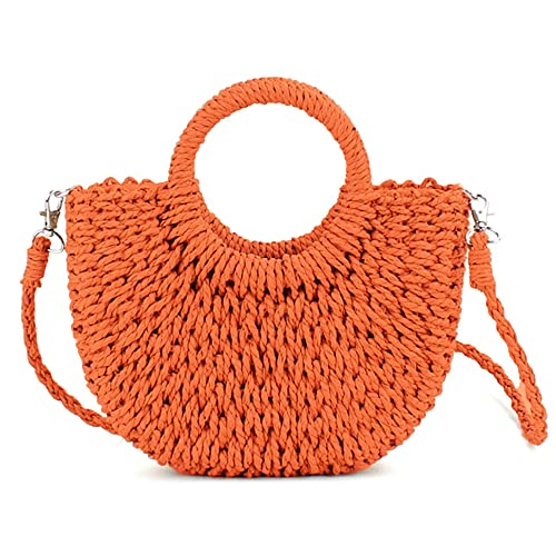 QTKJ Mini Semi-circle Rattan Straw Handbag, Women's Summer Retro Straw Tote Shoulder Crossbody Round Handle Beach Bag (Orange) - Image 1