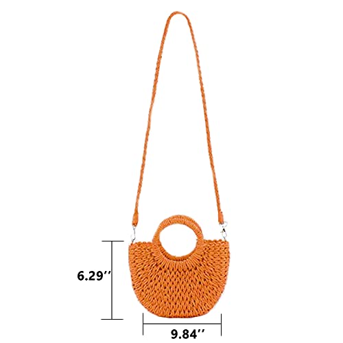QTKJ Mini Semi-circle Rattan Straw Handbag, Women's Summer Retro Straw Tote Shoulder Crossbody Round Handle Beach Bag (Orange) - Image 2