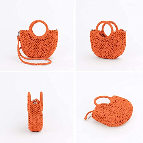 QTKJ Mini Semi-circle Rattan Straw Handbag, Women's Summer Retro Straw Tote Shoulder Crossbody Round Handle Beach Bag (Orange) - Image 3