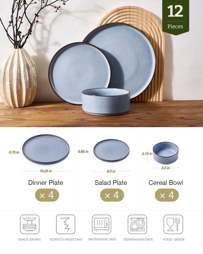 Famiware Annecy Plates and Bowls Sets, 12 Pieces Dinnerware Sets, Microwave and Dishwasher Safe Dishes Set for 4, Chip and Scratch Resistant, Reactive Blue - Image 2